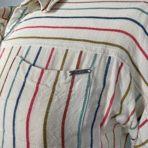 Volcom Striped Button Up Shirt Cropped Short Sleeve Women's XS - Picture 2 of 3